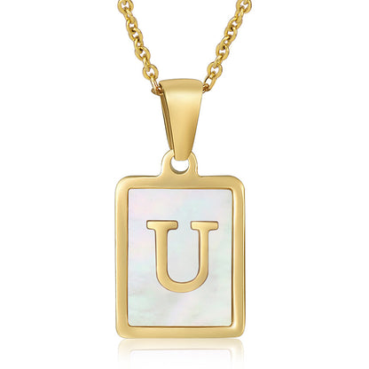 18K Plated Chain Necklaces Male Square Natural Shell Initial Letters Pendant Stainless Steel Jewelry for Women Gifts