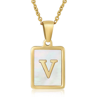 18K Plated Chain Necklaces Male Square Natural Shell Initial Letters Pendant Stainless Steel Jewelry for Women Gifts