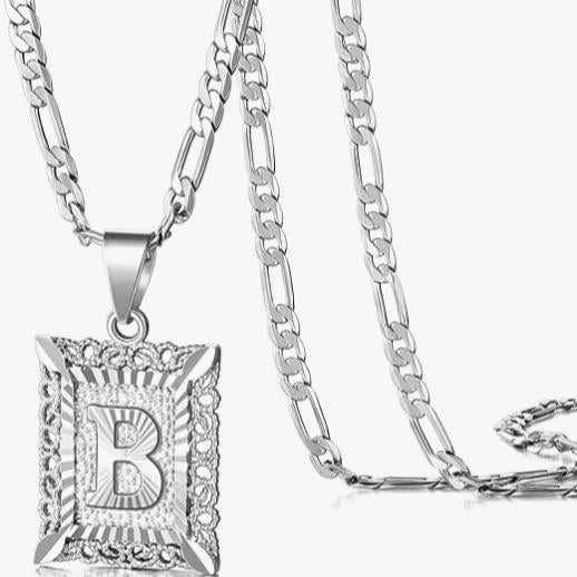 Figaro KissYan Initial Letter Pendant Necklace for Men & Womens Platinum Gold Plated Square Capiton Necklace - 50cm Chain, 2.3cm Pendant
