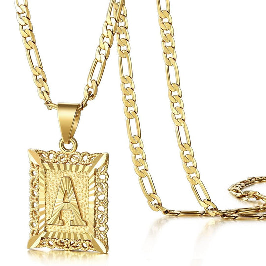 KissYan  Initial Necklace for men and Women, 14K Gold Plated Square Letter Pendant Charm Necklace Cuban Chain Capital Alphabets from A-Z Jewelry