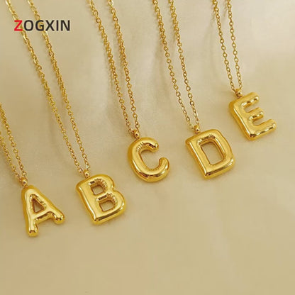 Personalized Bubble Letter Necklace – 26 Initial Pendant A–Z, Polished Titanium Steel Jewelry